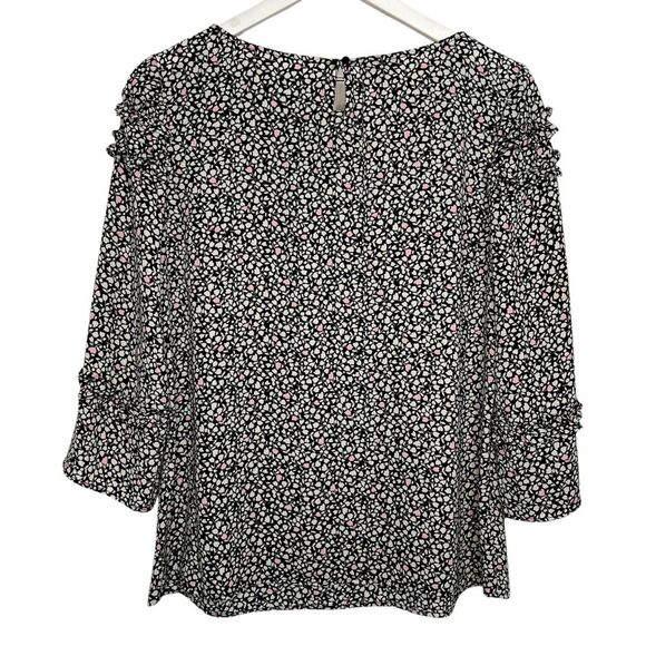 Talbots Petite Tulip Floral Ruffle Blouse size MP Black White Pink 3/4 Sleeve - Picture 4 of 7